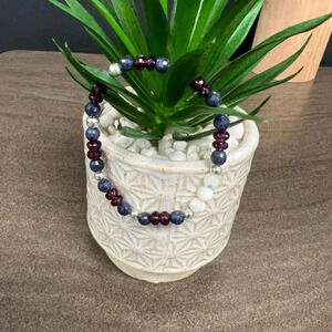 MC Sapphire, Rhodolite Garnet, Mother of Pearl, Stretch Bracelet, Red White Blue